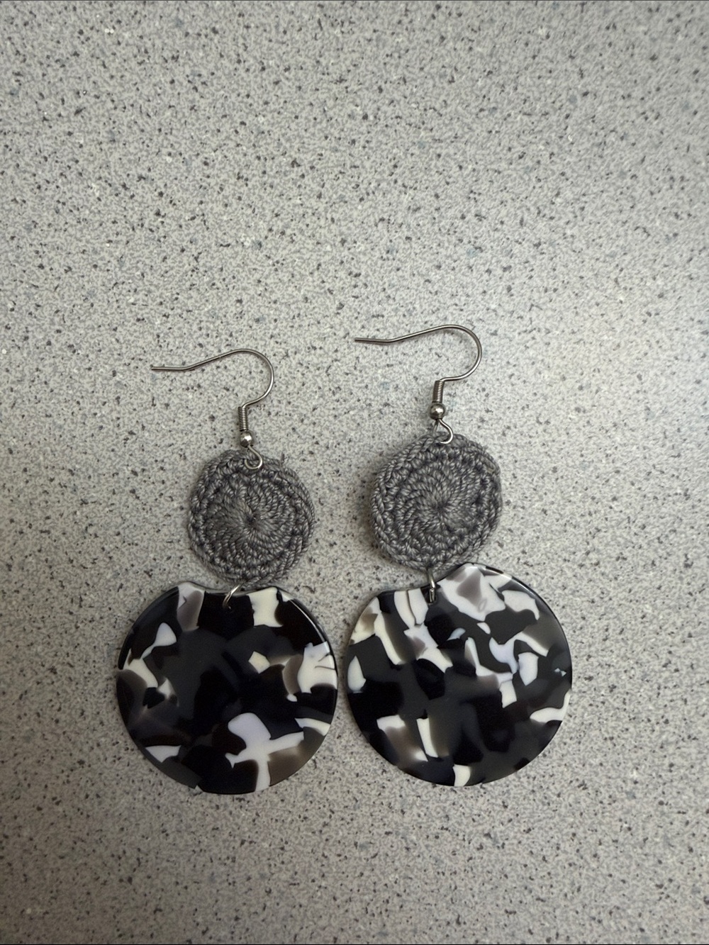 Gray Crochet & Black White Tortoiseshell Drop Earrings